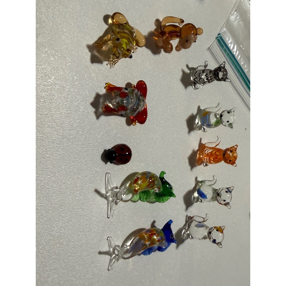 11pc Miniature Hand Blown Glass Animal Figurine Set Cats Seahorse Frog Monkey